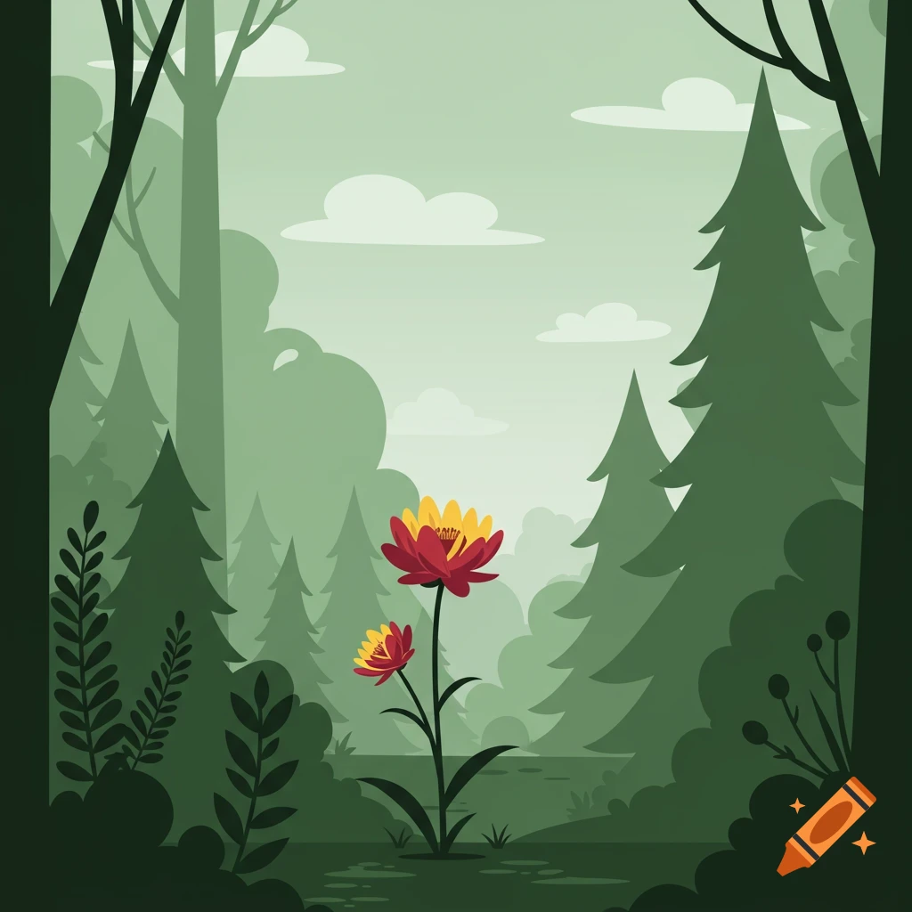 Stylized illustration of a red and yellow flower blooming in a vibrant green forest.