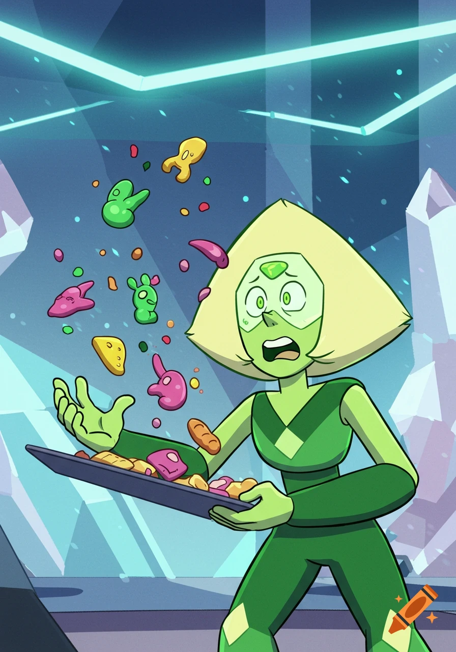 Cartoon Peridot from Steven Universe looks shocked as colorful food objects float around her in a blue, crystalline room.
