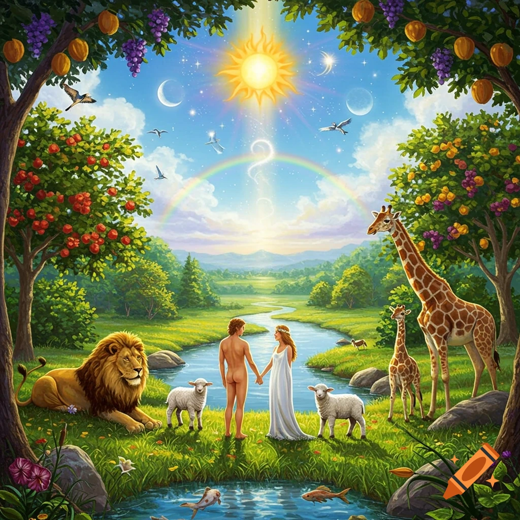 Adam and Eve in the Garden of Eden, holding hands by a river. A lion, sheep, and giraffes are nearby under a sky with sun, moon, and rainbow.