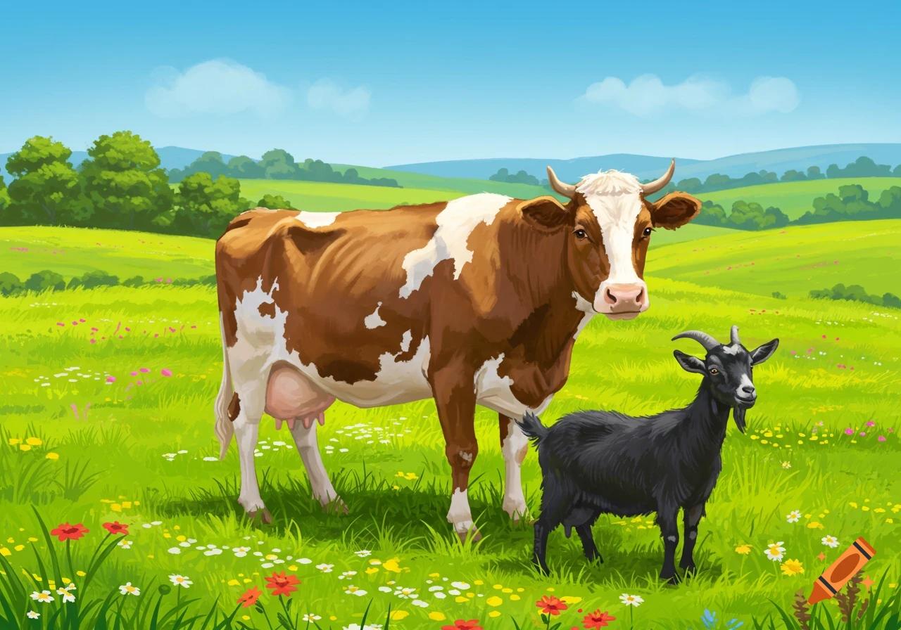 An illustration of a brown and white cow with a black goat in a vibrant green, flower-dotted field under a blue sky.