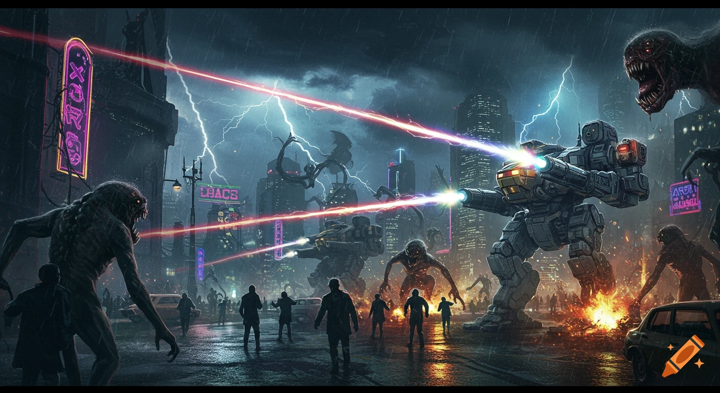 Giant mechs battle monstrous alien aberrations in a dark, rainy cyberpunk city as people flee amid lightning and explosions. Realistic style.