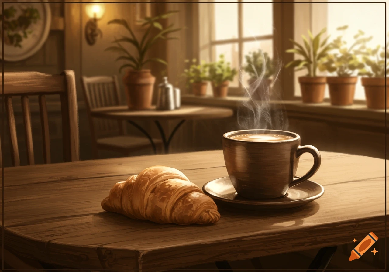 A golden croissant and a steaming cup of coffee on a wooden table in a cozy, sunlit cafe.