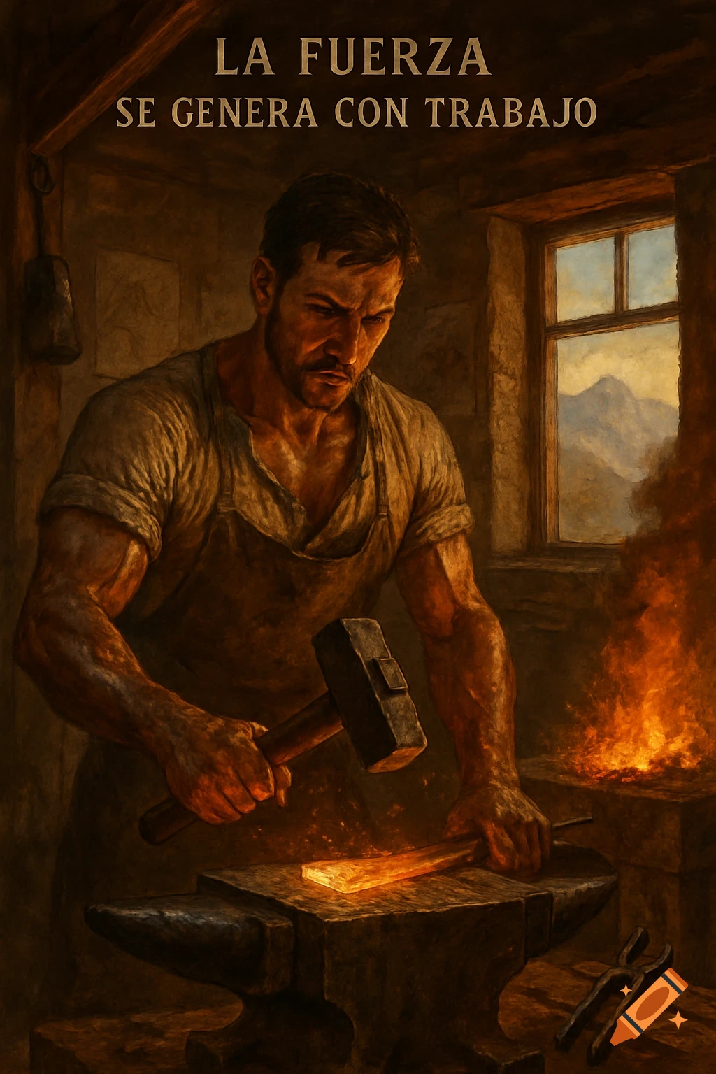 A muscular blacksmith intensely hammers glowing metal on an anvil in a dim workshop, fire blazing beside him, in a painterly style.