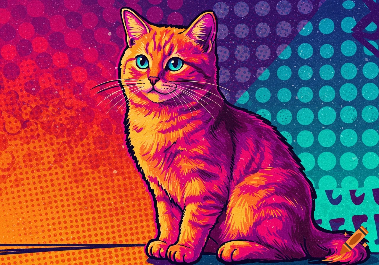 Vibrant pop art cat with blue eyes, red, orange, and purple fur, sitting against a gradient dotted background.