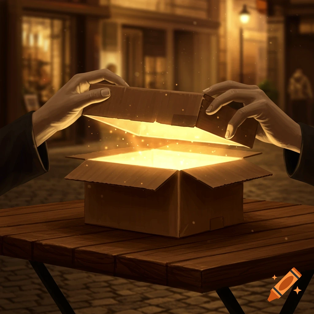 Hands open a glowing cardboard box on a wooden table in a dark street scene, digital illustration.