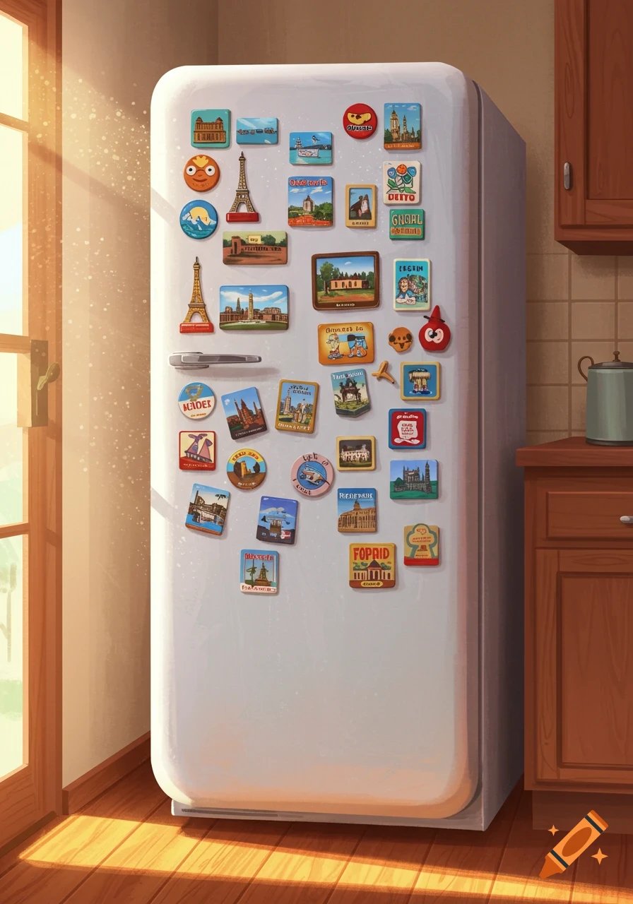 A stylized illustration of a white refrigerator covered in various travel magnets, standing in a sunlit kitchen.