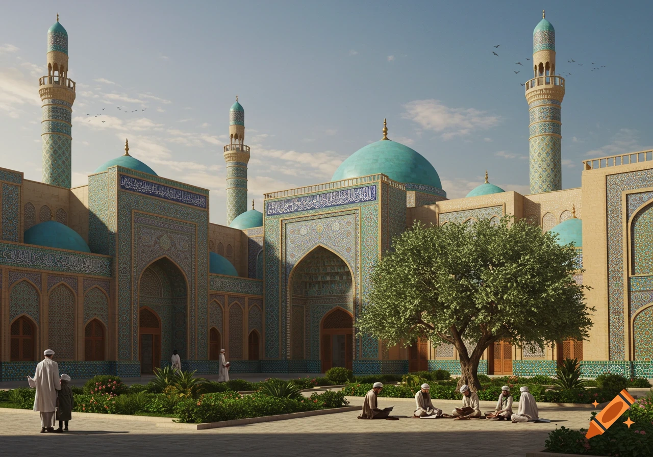 A photorealistic image of a grand Islamic school with teal domes and minarets, intricate tilework, a large tree, and people in traditional attire.