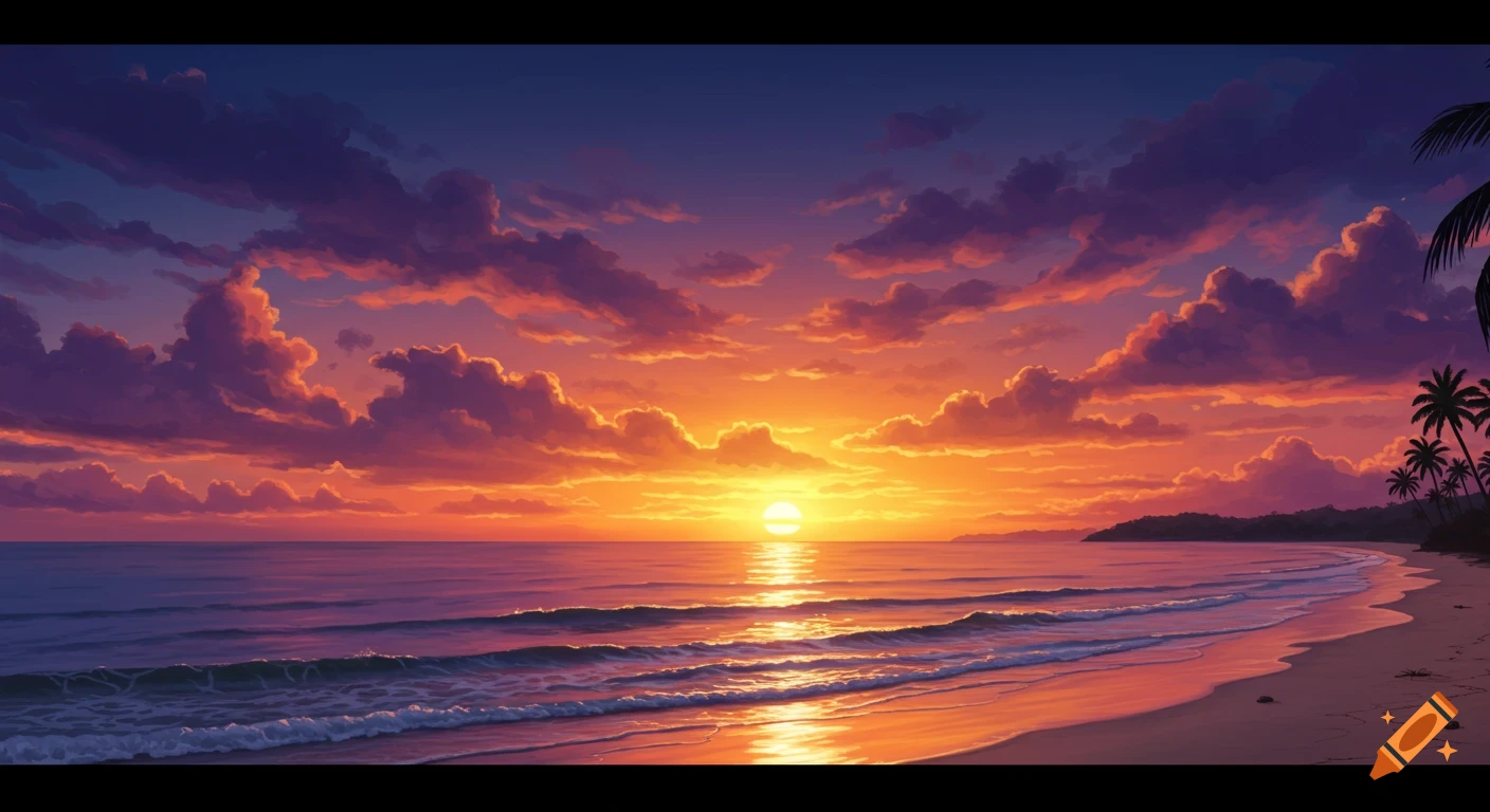 Vibrant tropical beach sunset with orange and purple clouds reflecting on the ocean and sand, with palm trees on the right.