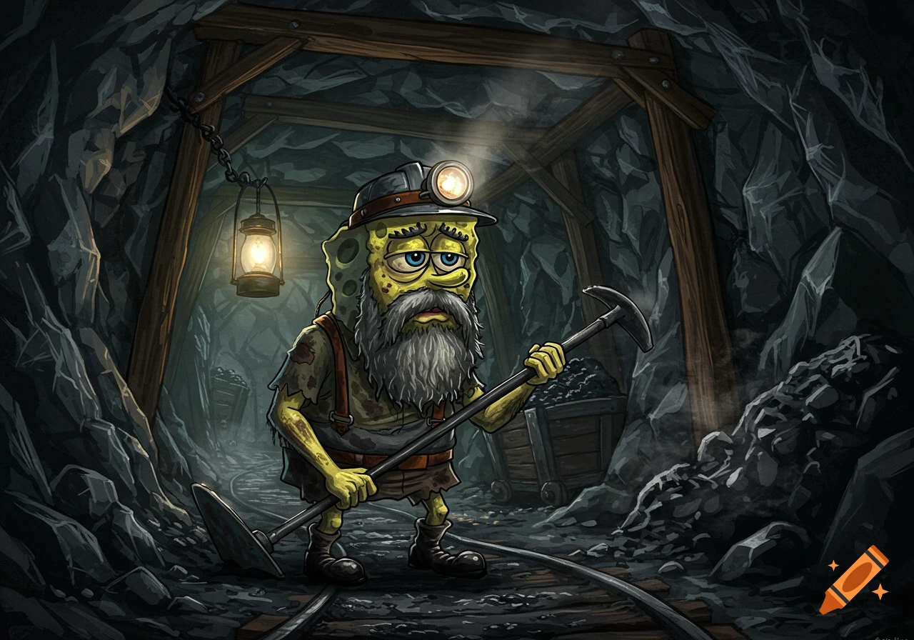 A sad, grey-bearded Spongebob with a headlamp and pickaxe works in a dark, cartoon-style coal mine.