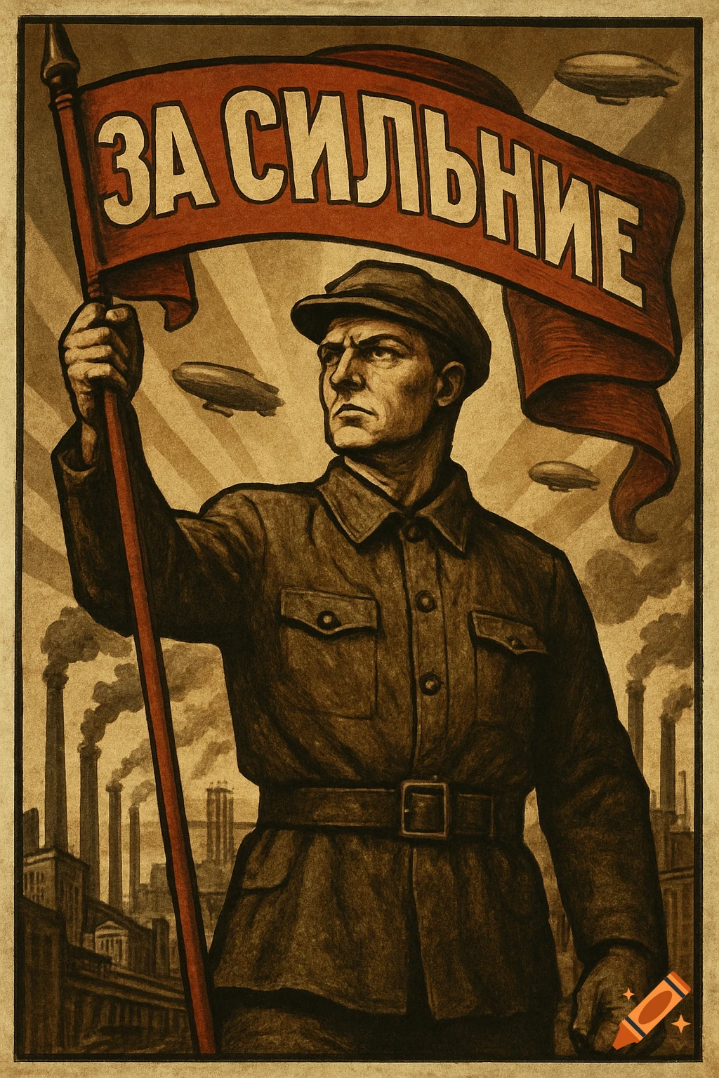 Vintage propaganda poster of a serious man in uniform holding a red banner with Russian text, factories and dirigibles in background.