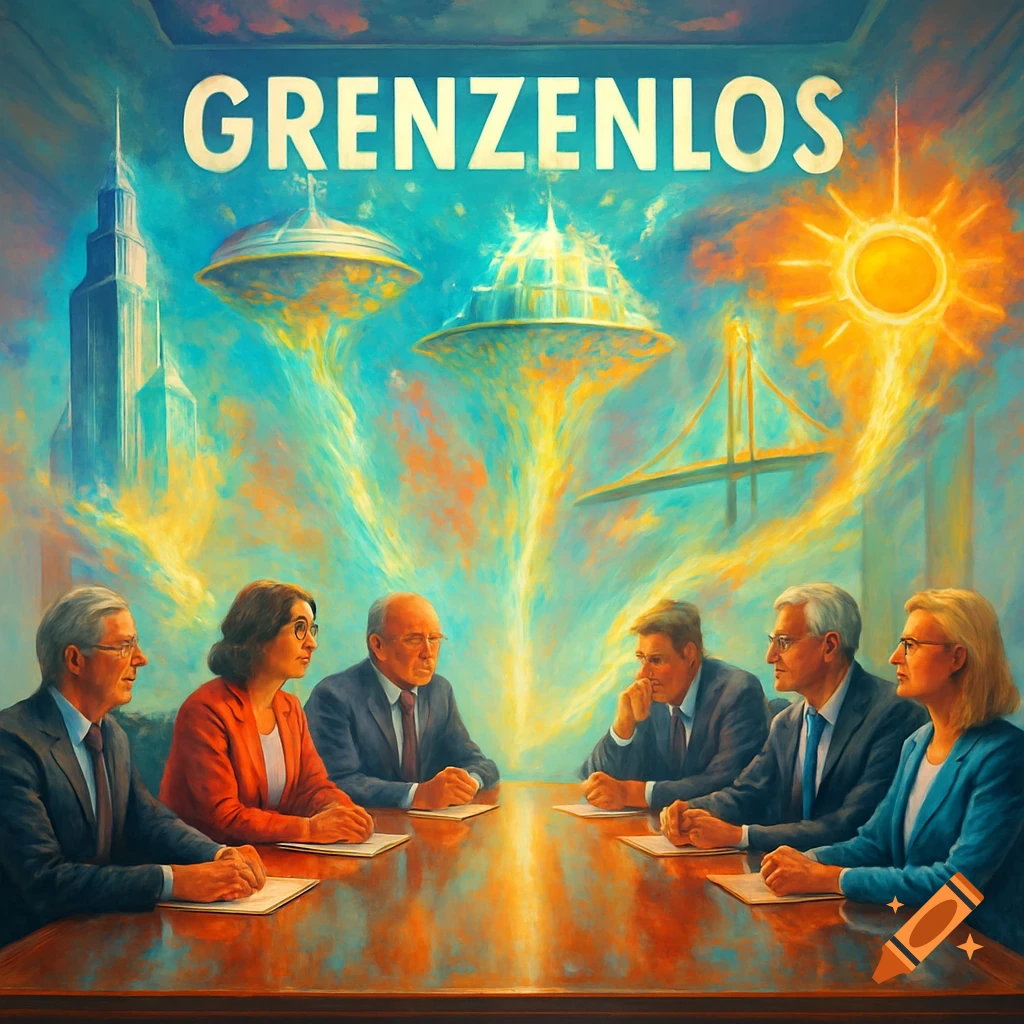 Six people sit at a large table under a glowing, surreal sky with floating cities, skyscrapers, a bridge, and a sun. The word 'GRENZENLOS' is at the top.