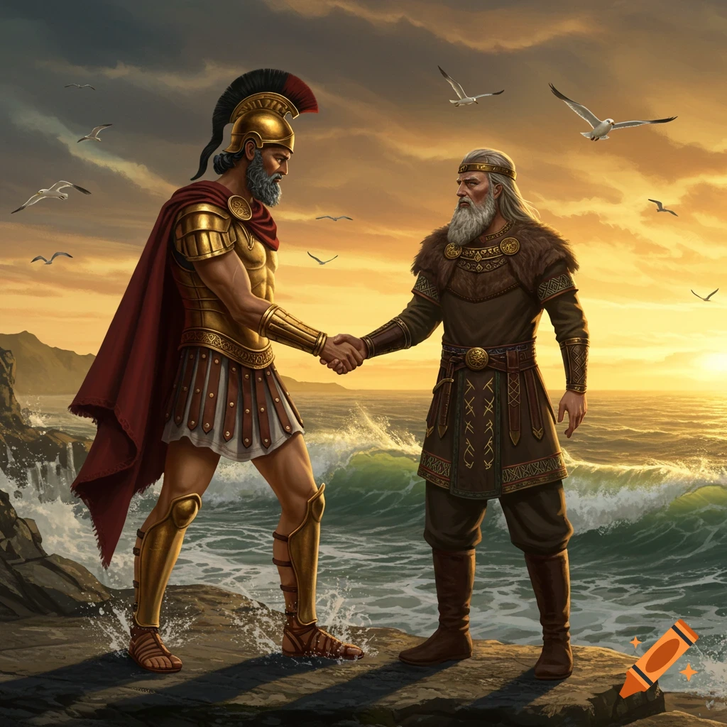 A Greek warrior and a Norseman shake hands on a rocky shore at sunset, with a turbulent sea and seagulls.