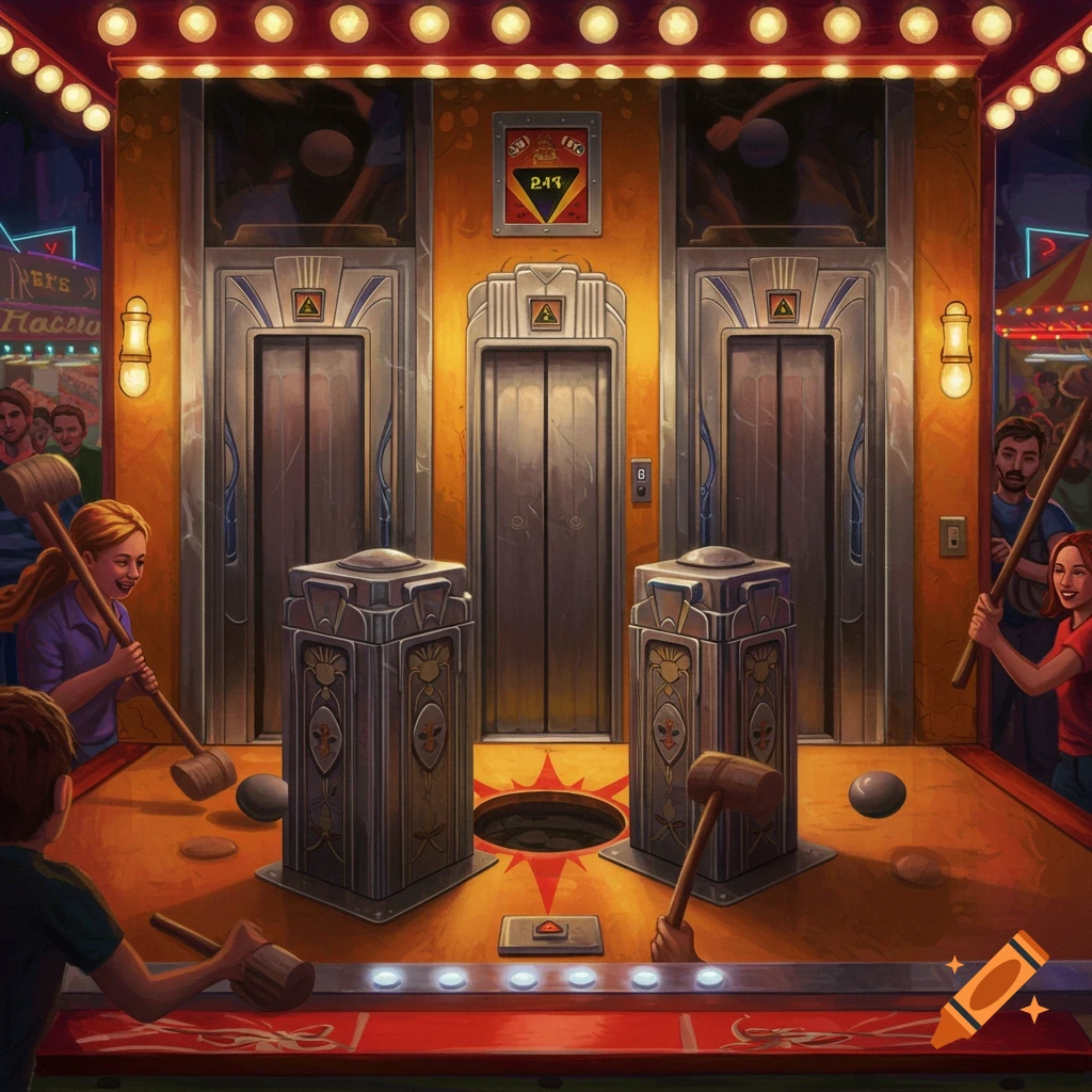 Illustrated scene of people playing a whack-a-mole style carnival game with mallets and elevator doors.
