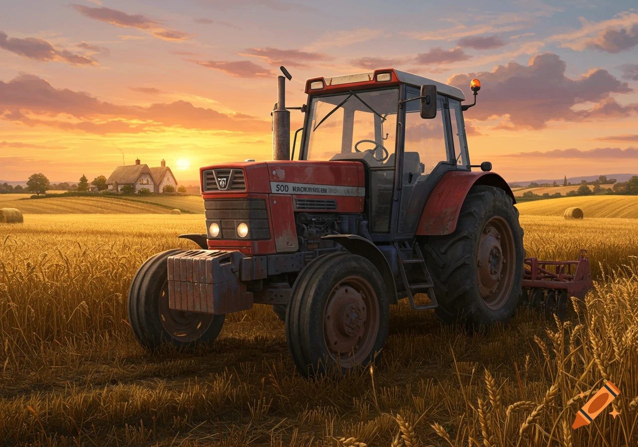 Red tractor in a golden wheat field at sunset, with a farmhouse in the background. Photorealistic style.