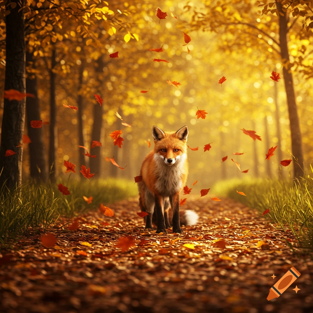Photorealistic red fox on a leaf-covered path in a sunlit autumn forest with falling golden and red leaves.