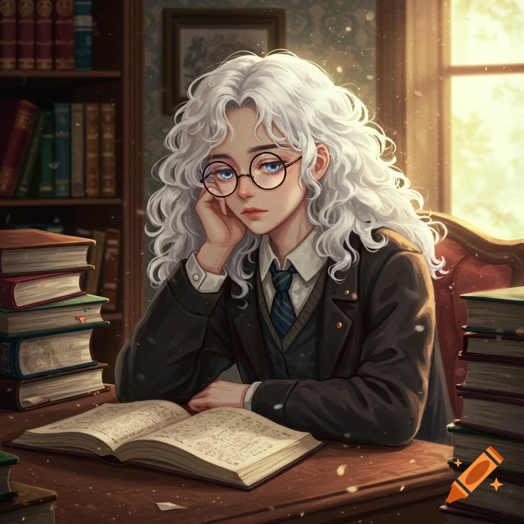 Anime student with long curly white hair and round glasses studies in a warm, sunlit library.