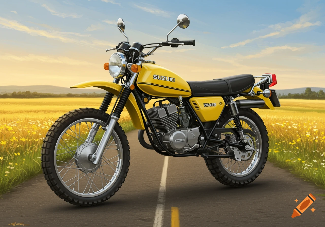 Yellow vintage Suzuki TS-150 motorcycle on a rural road through a field with yellow flowers under a blue sky.