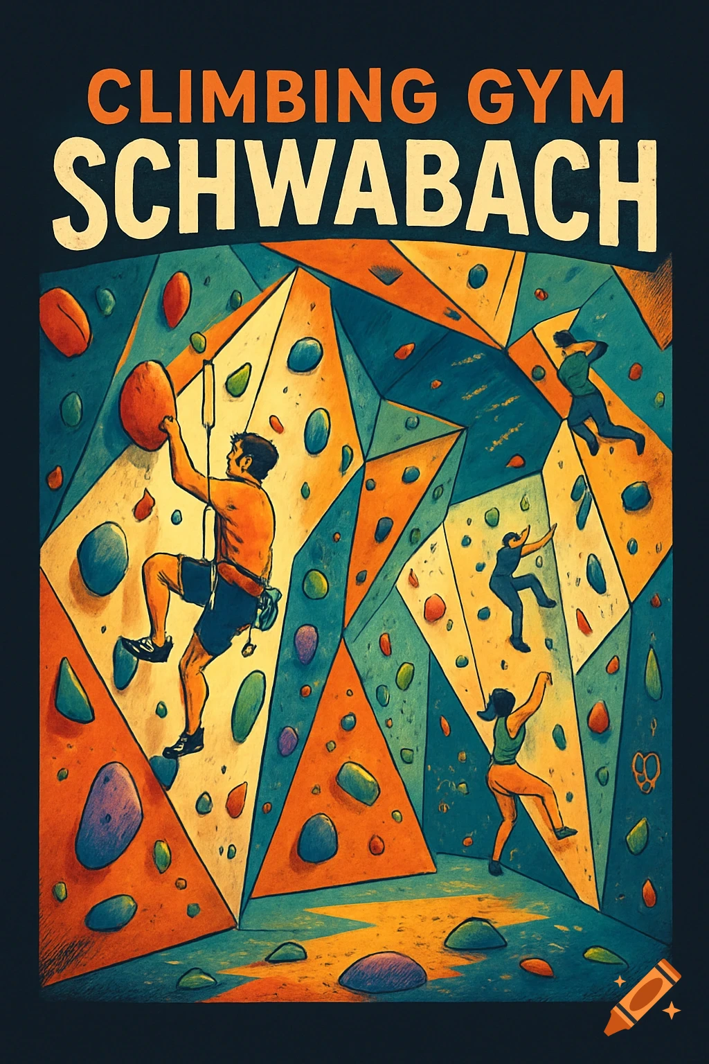 Illustration of people rock climbing on a colorful indoor climbing wall, with text 'CLIMBING GYM SCHWABACH'.