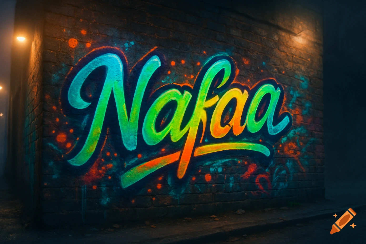 Colorful graffiti of the word "Nafaa" on a dark brick wall under streetlights, in an urban setting.