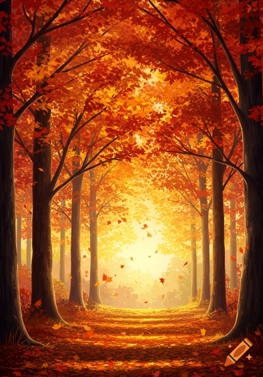 A vibrant illustration of an autumn forest path with tall trees and bright orange and red leaves under a glowing sky.