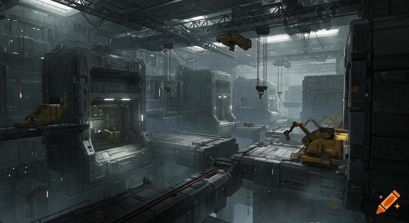Vast, dark, brutalist sci-fi industrial facility with suspended platforms, cranes, and heavy machinery.