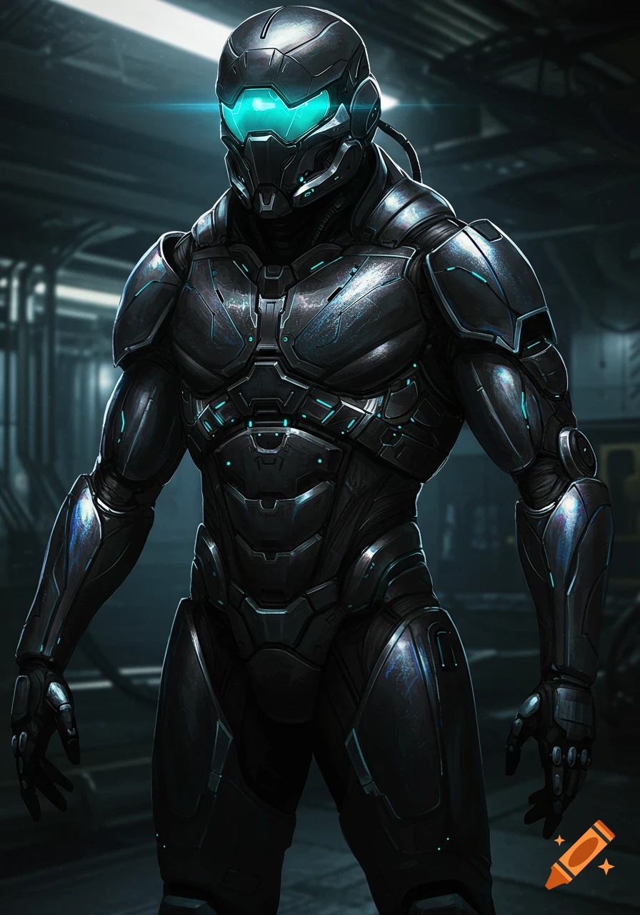 Full body shot of a futuristic soldier in dark metallic power armor with glowing blue lights, standing in an industrial setting.