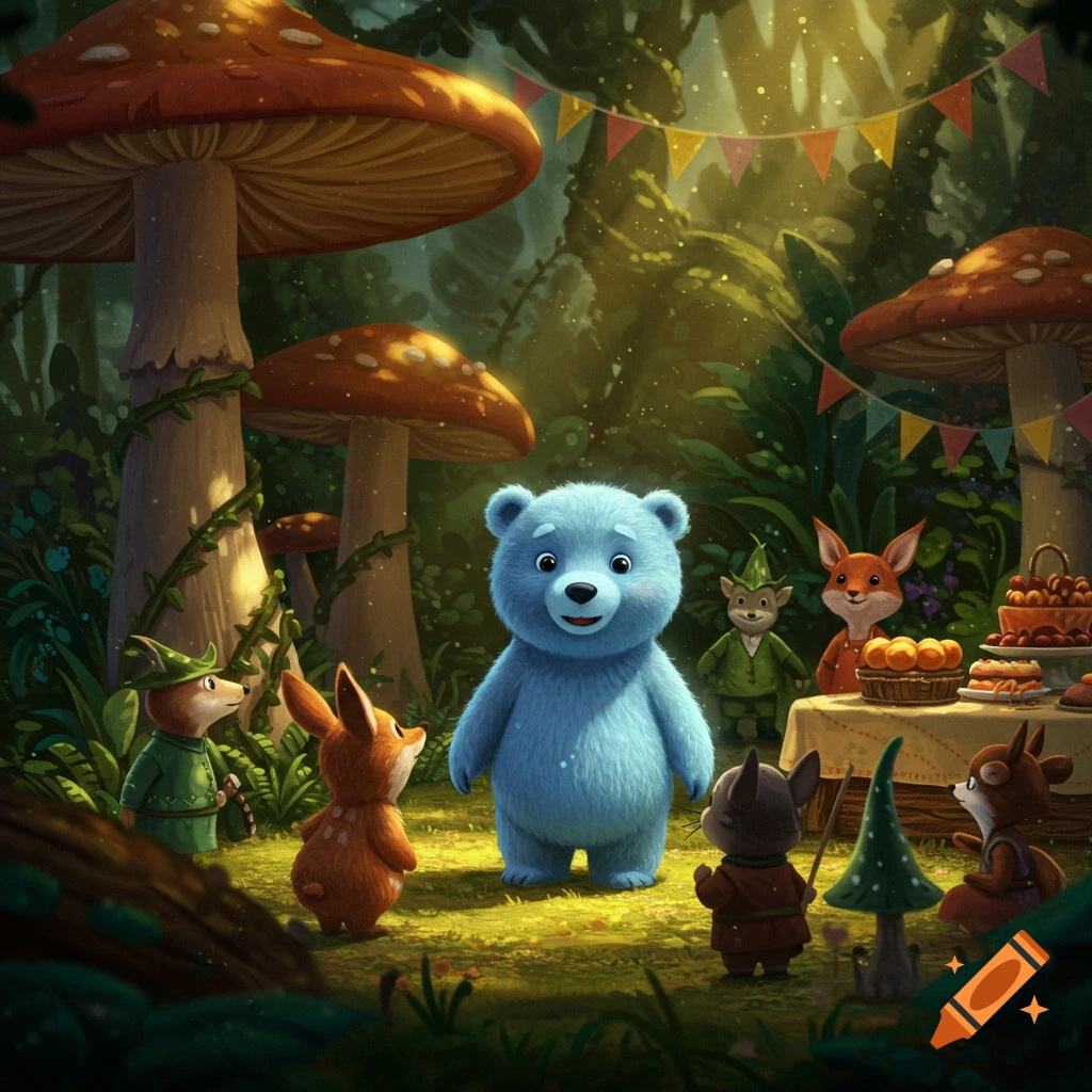 A fluffy blue bear and forest animals gather for a festive party in a magical mushroom forest, illustrative style.