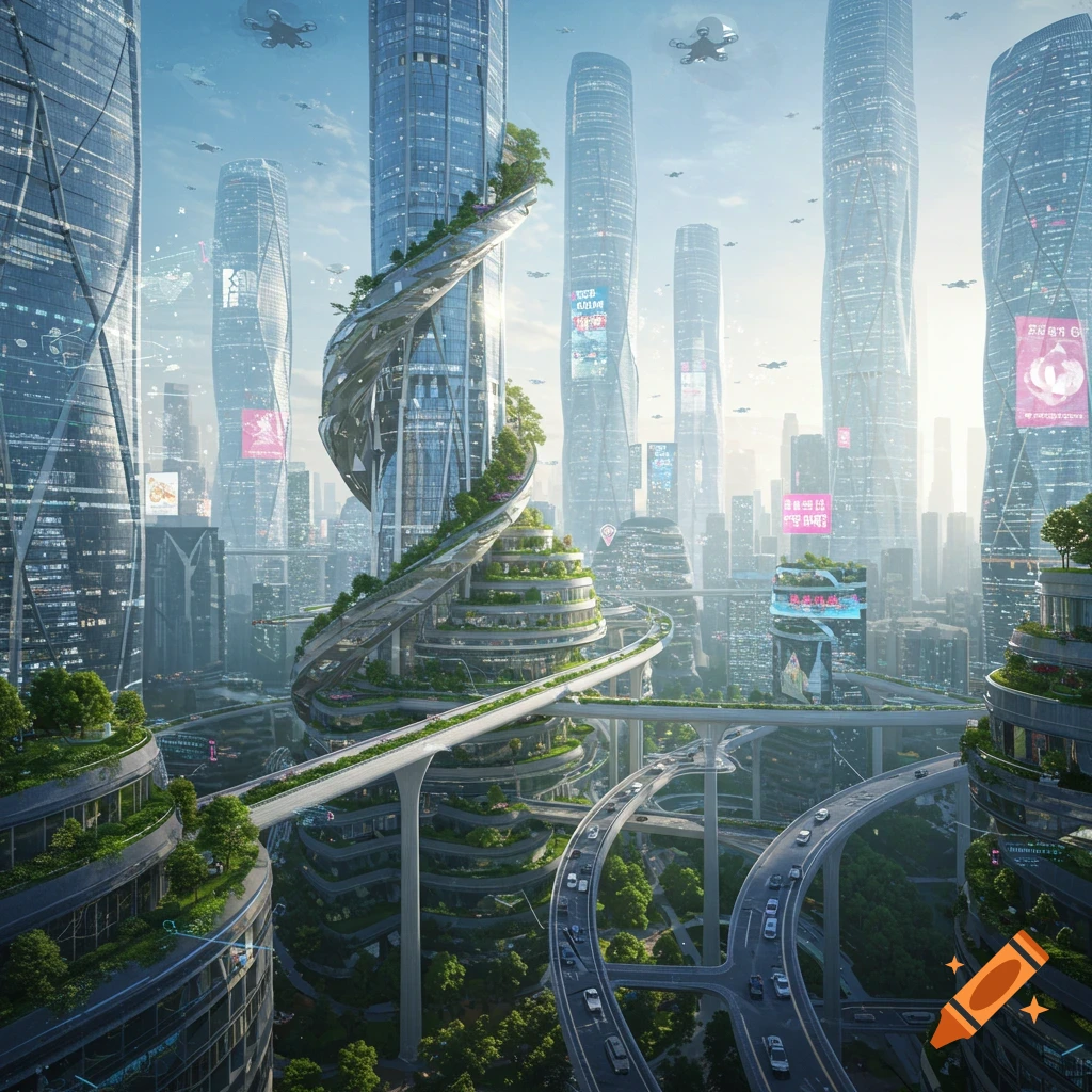 A sprawling futuristic city with towering skyscrapers, lush green terraces, intricate elevated highways, and flying drones under a bright sky.