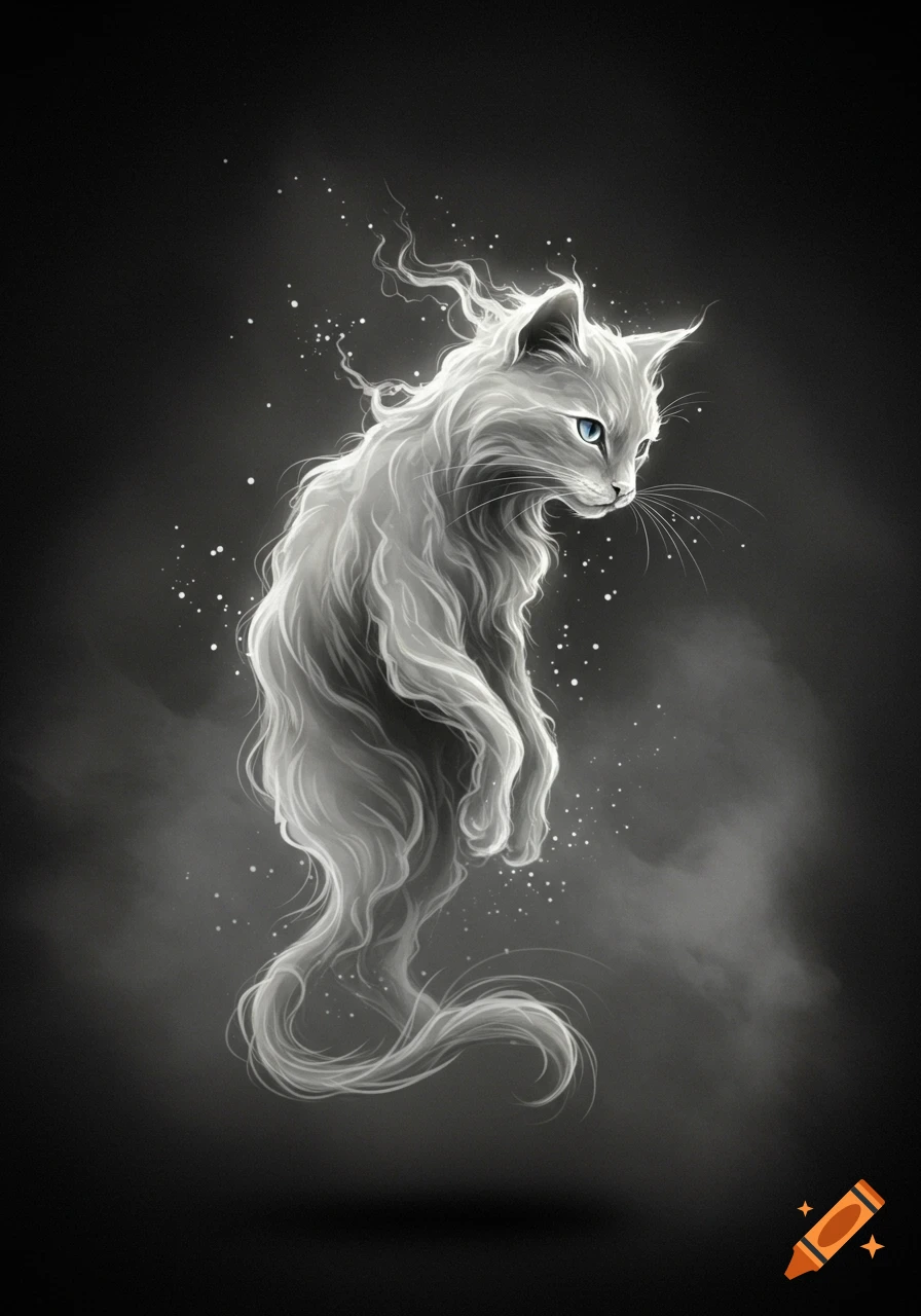 Ethereal cat made of white smoke with blue eyes, floating on a dark background with glowing particles. Digital art.