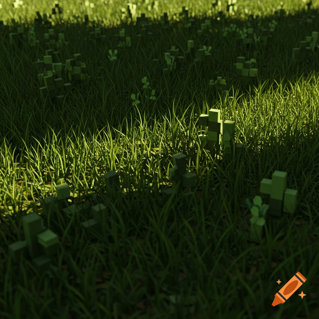 Ps1 style field of green grass with blocky pixelated plants under sunlight.