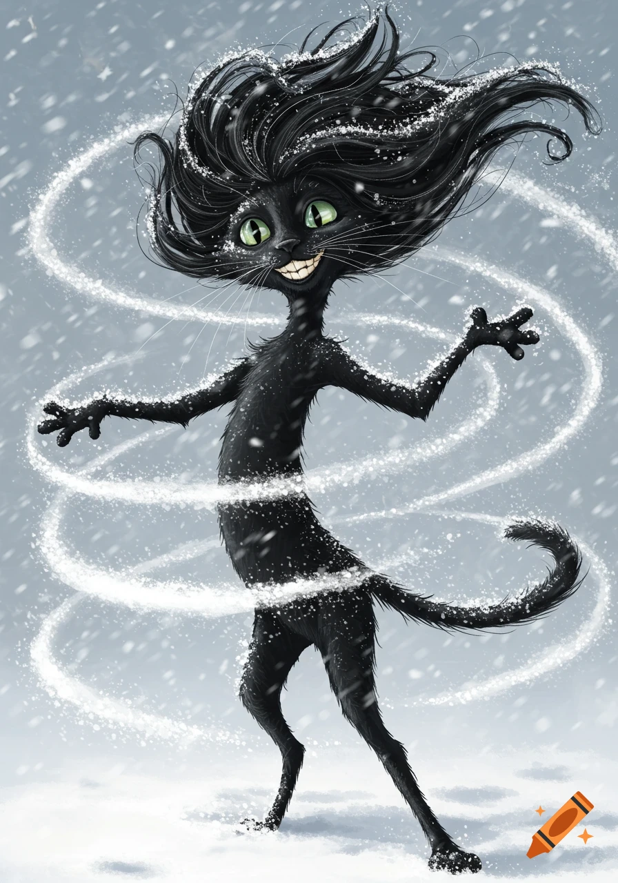 A whimsical, tall, skinny black cat with wild hair and green eyes smiles broadly in a snowy blizzard, surrounded by swirling white snow.