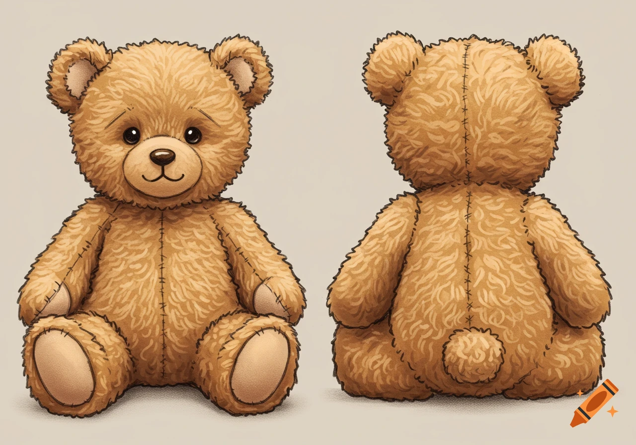 Front and back drawing of a fluffy brown teddy bear sitting.