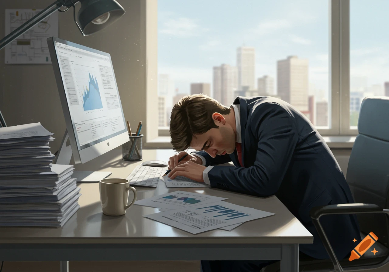 A tired businessman in a suit slumps over a desk full of papers and a computer screen in a sunlit office, realistic style.