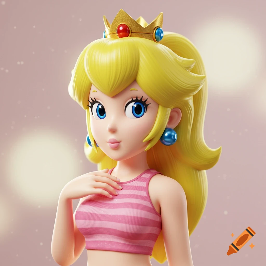 3D render of Princess Peach wearing a crown and a pink striped crop top, with blonde hair in a ponytail.