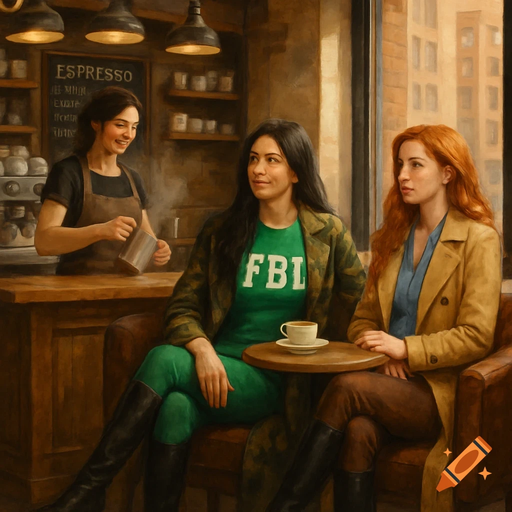 Three women in a coffee shop; a barista makes coffee, while two women in coats and boots sit at a table.