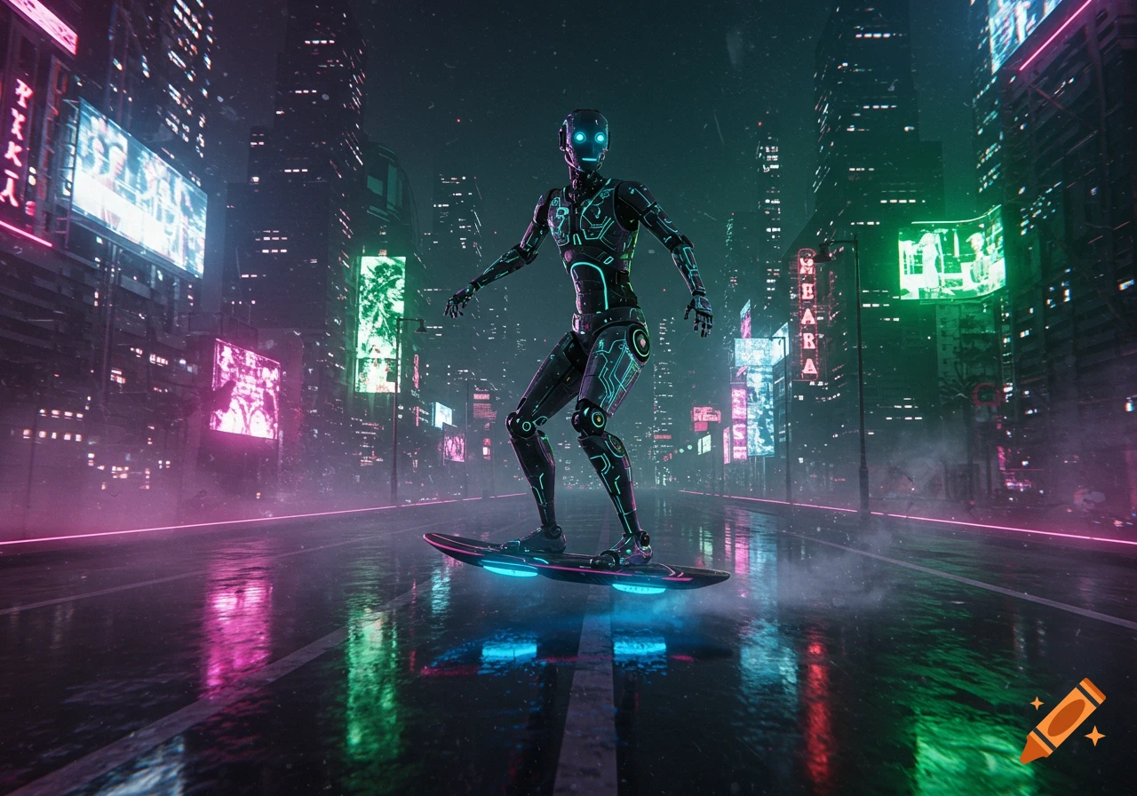 A dark robot with glowing blue eyes hoverboarding through a neon-lit futuristic city street at night, with reflections on the wet ground.