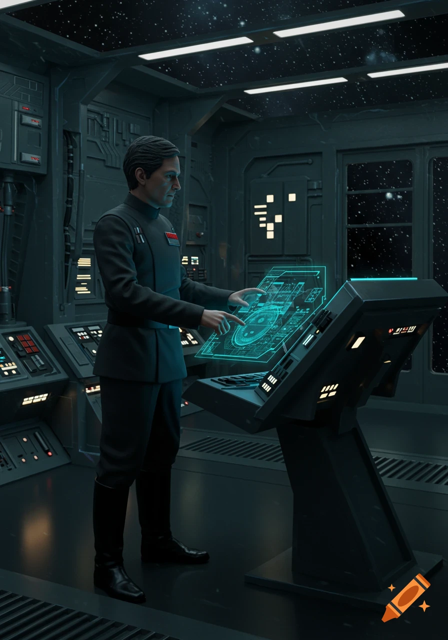 A man in a dark uniform works on a glowing holographic computer screen on a sci-fi spaceship bridge with stars visible outside the windows.