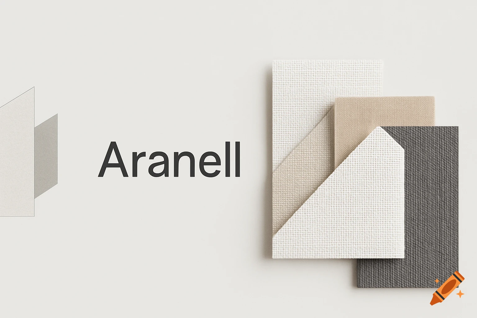 Minimalist banner with 'Aranell' text, geometric shapes, and abstract textured fabric swatches in white, beige, and gray.