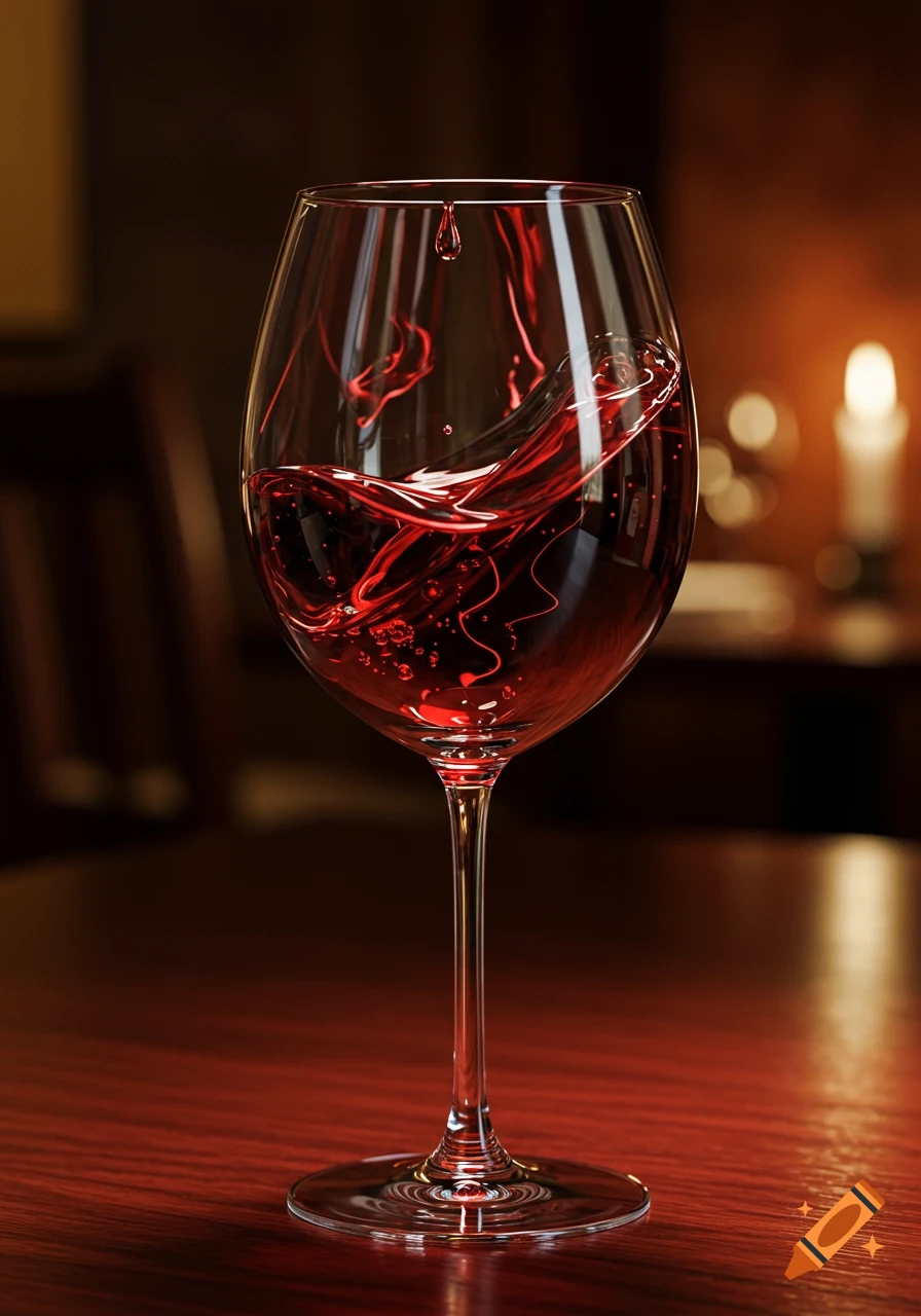 Photorealistic image of a wine glass with swirling red wine and a falling drop, on a wooden table.