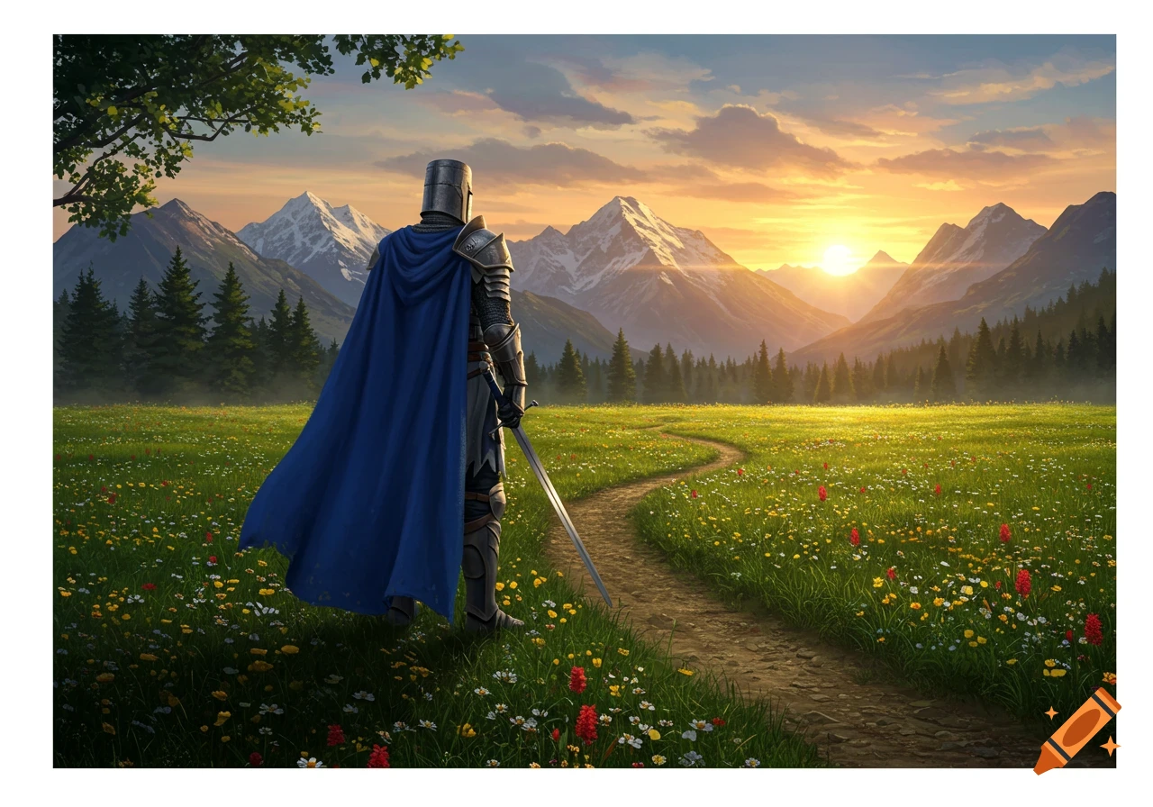 A knight in a blue cape and armor stands in a lush meadow with a dirt path, facing a sunset over distant snow-capped mountains.