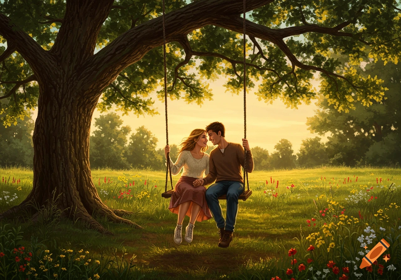 An illustrative image of a young couple on a swing under a large tree in a sunny meadow filled with wildflowers.