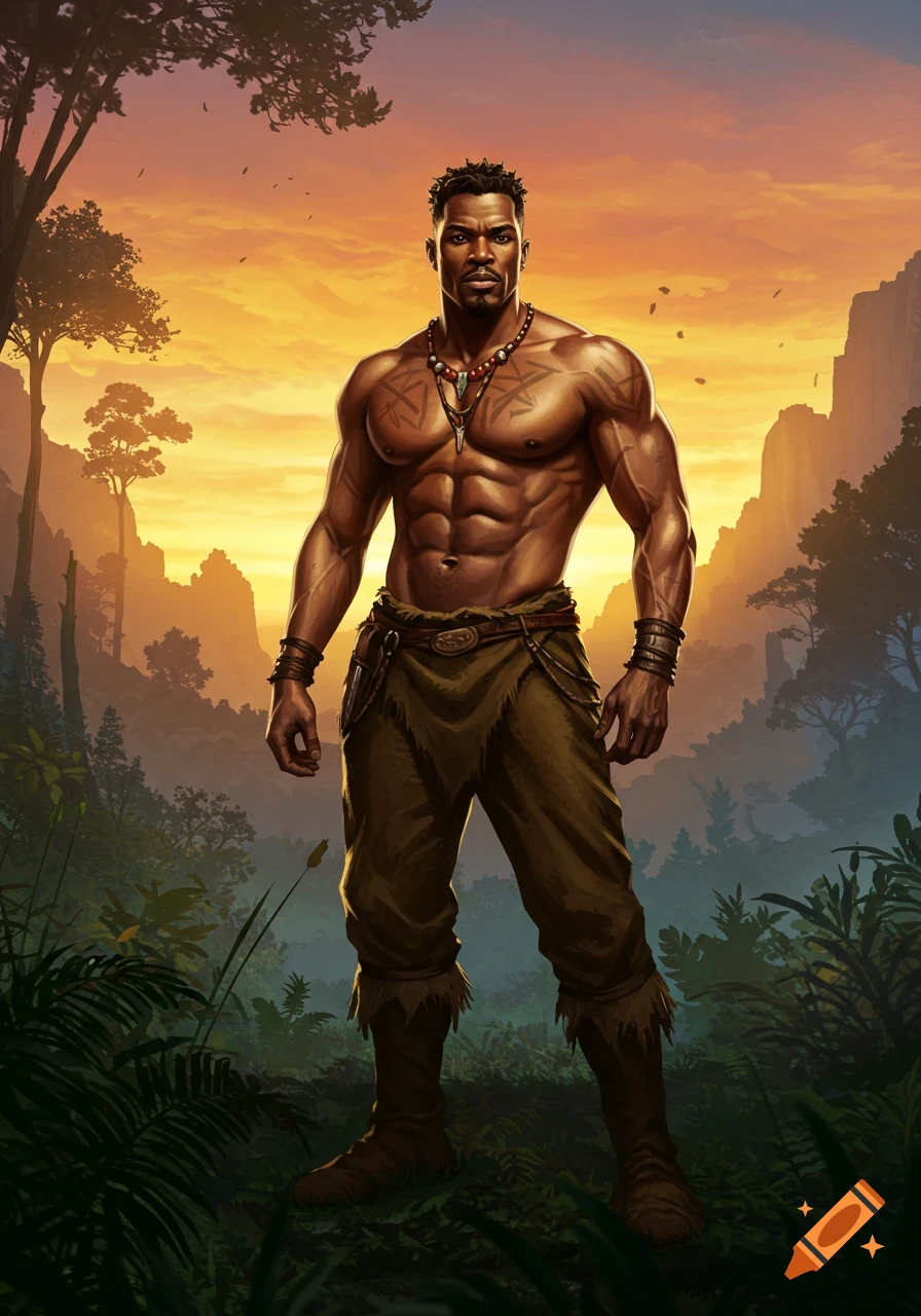 Muscular Black man with tribal markings and necklace in a jungle at sunset, fantasy art style.