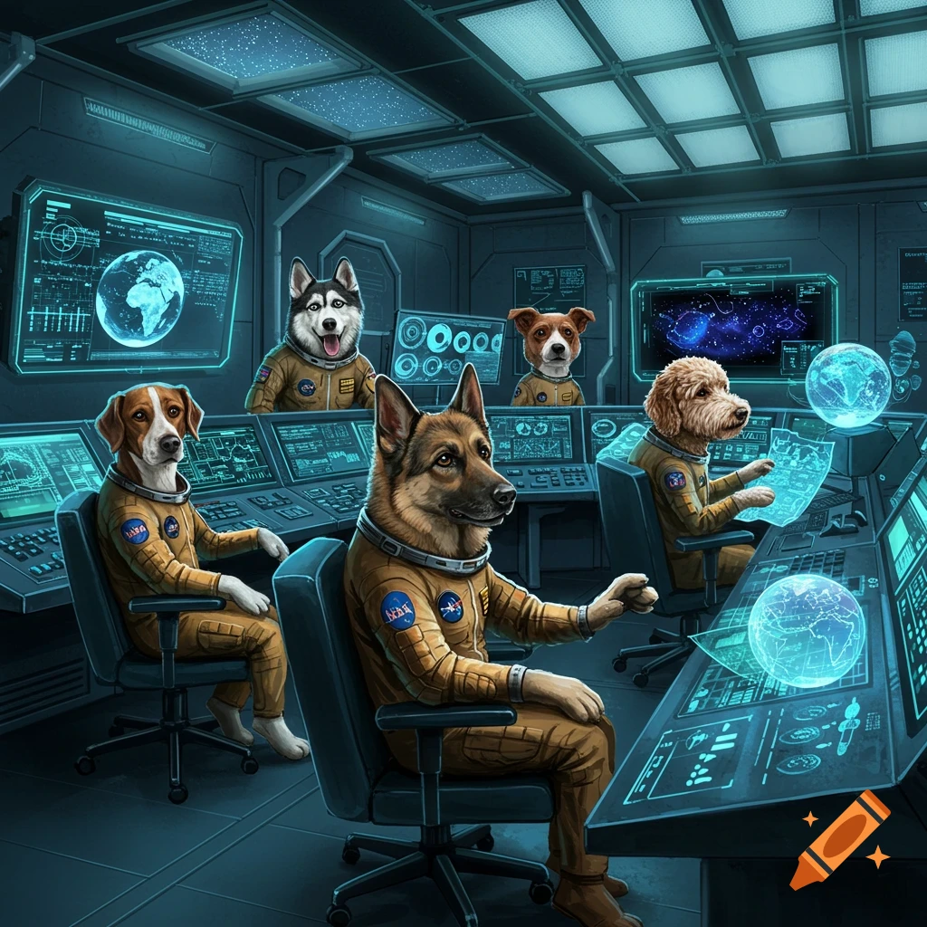 Five different dogs in astronaut suits work at computer consoles in a futuristic space mission control room.