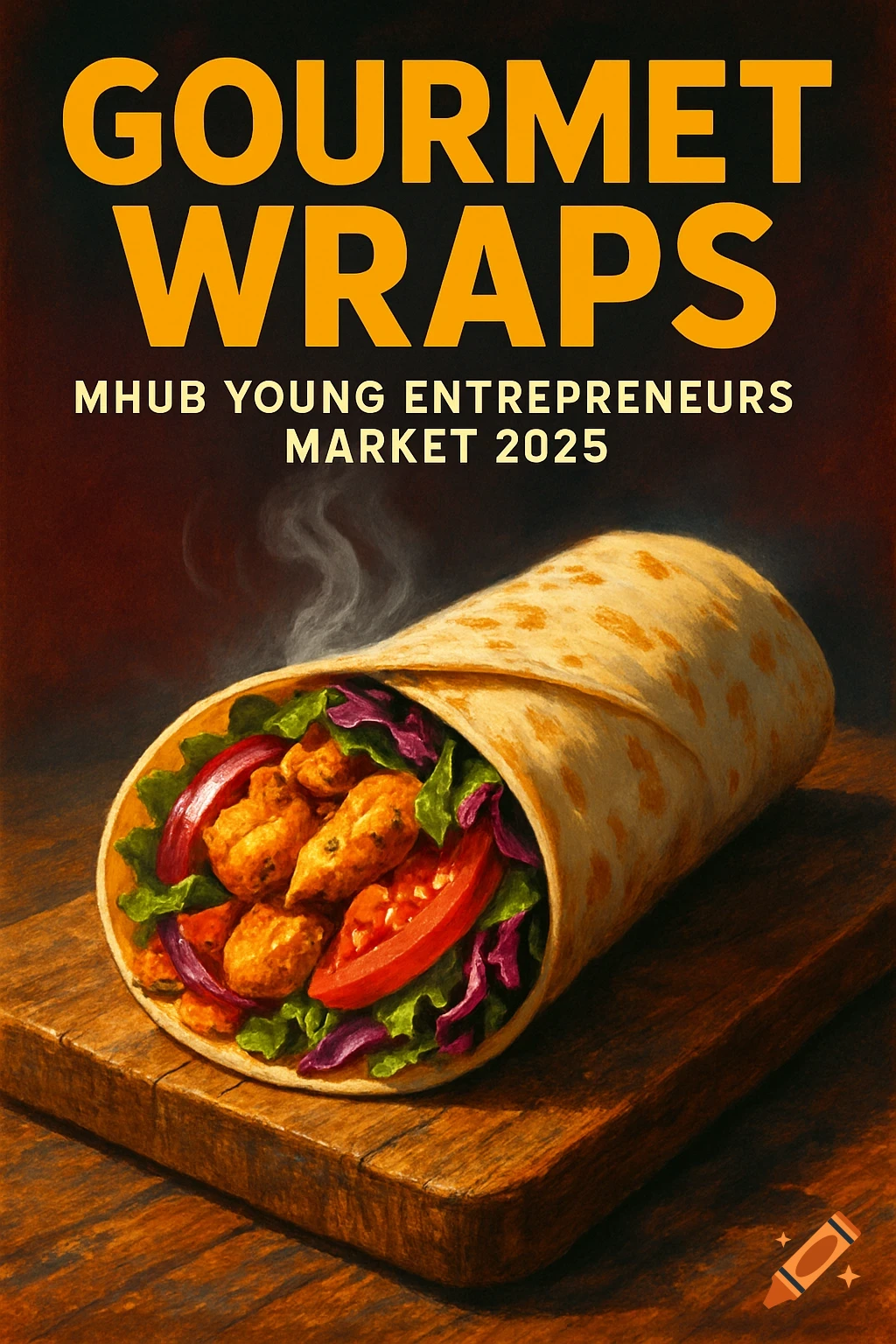 A vibrant poster for Gourmet Wraps with a delicious chicken wrap filled with fresh vegetables, steaming on a wooden board. Text reads: "Gourmet Wraps - MHub Young Entrepreneurs Market 2025".