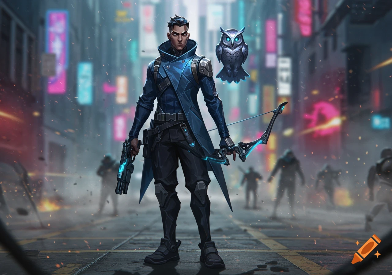 A detailed depiction of Sova from Valorant, holding a futuristic glowing bow and handgun, accompanied by a robotic owl in a neon-lit cyberpunk city street.