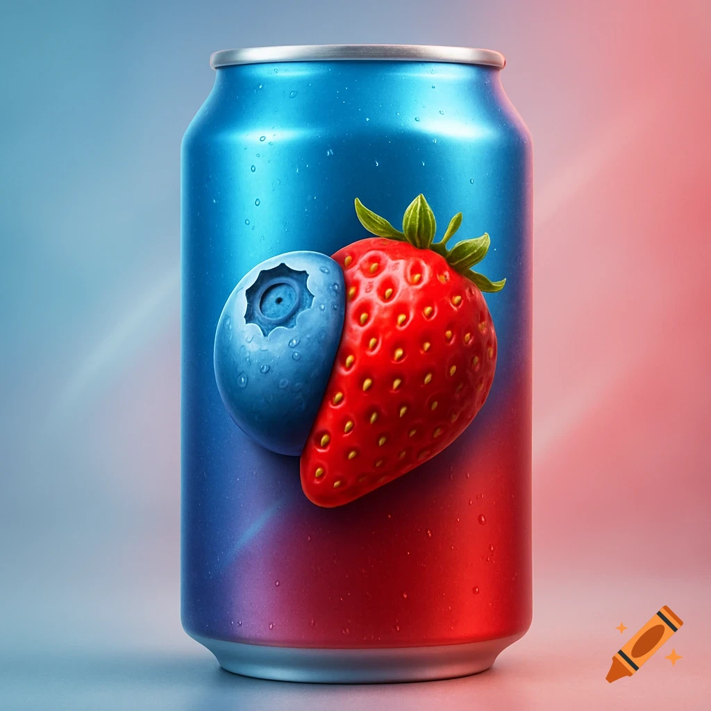 A photorealistic blue and red beverage can featuring a blueberry and strawberry hybrid fruit, covered in condensation.