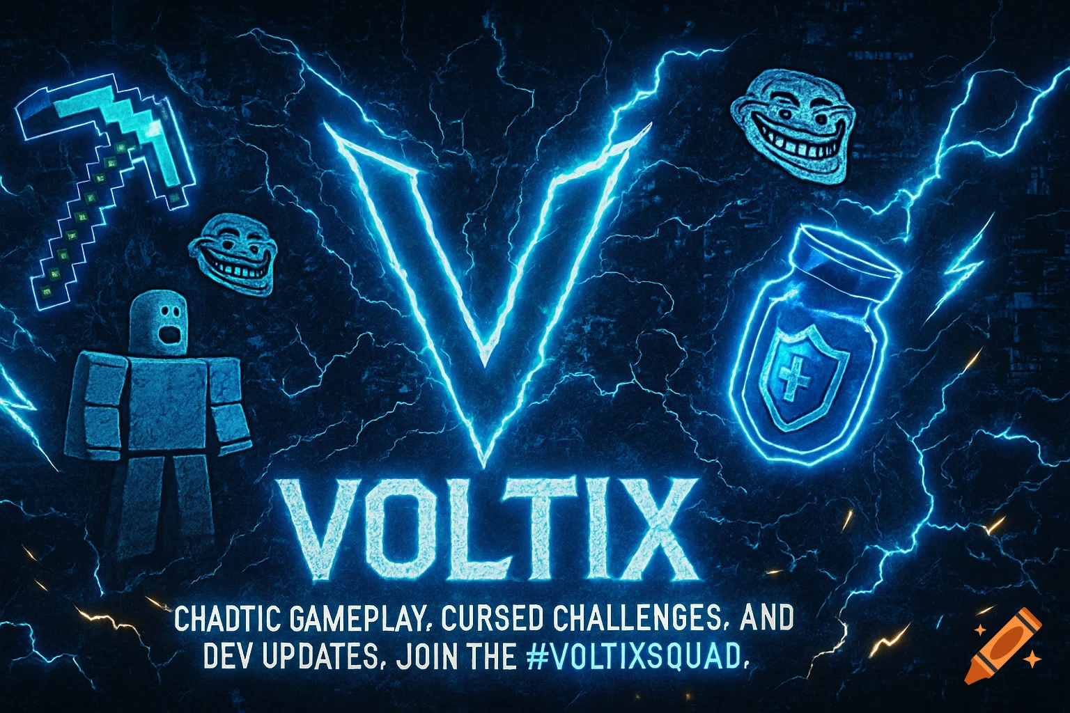 A dark blue gaming banner with neon blue lightning, featuring a large 'V' logo, 'VOLTIX' text, a Roblox character, Minecraft pickaxe, two Trollface memes, and a shield icon. Tagline: 'CHADTIC GAMEPLAY, CURSED CHALLENGES, AND DEV UPDATES. JOIN THE #VOLTIXSQUAD.'