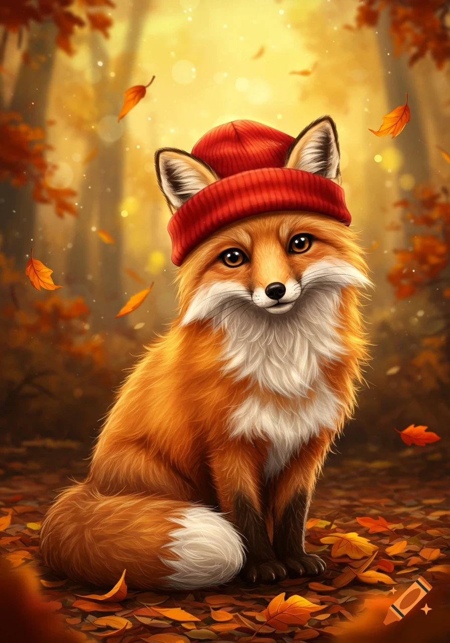A cute orange fox wearing a red knit beanie sits on a leaf-covered forest floor with golden background light. Illustration.