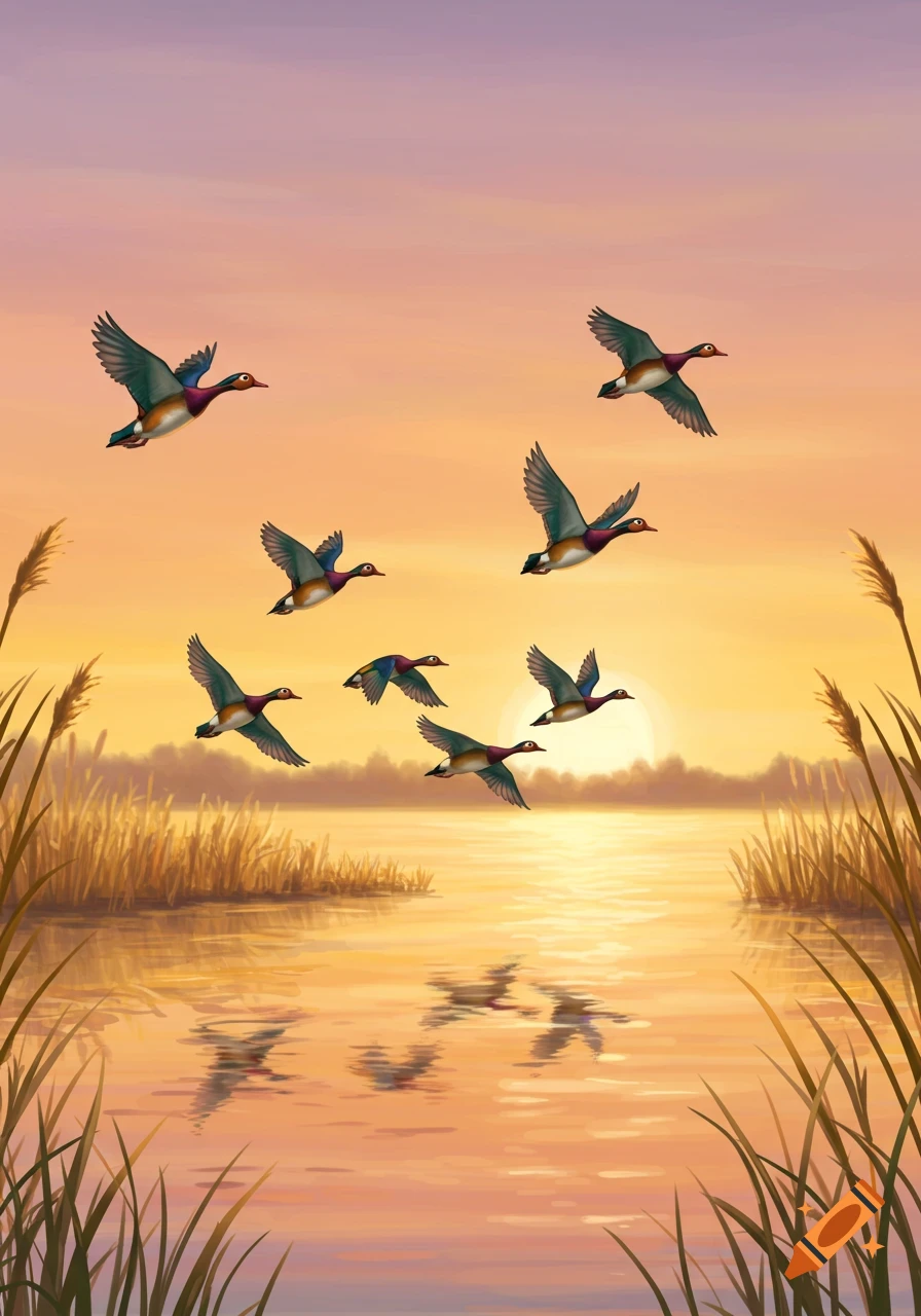 A flock of ducks flies over a tranquil lake with reeds at sunset in an illustrative style.