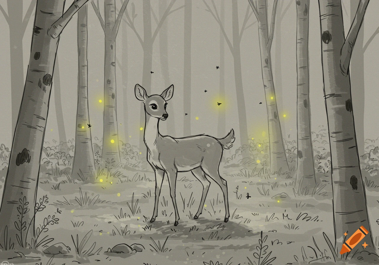 A stylized sketch illustration of a young deer standing in a misty forest surrounded by glowing fireflies and trees.